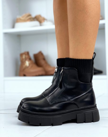 Black sock-effect ankle boots with front zip and chunky sole
