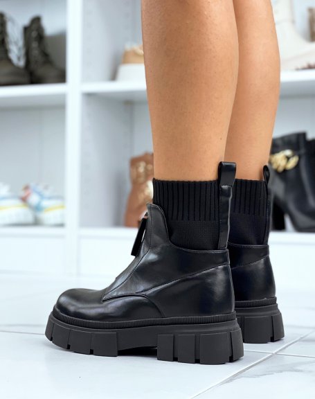 Black sock-effect ankle boots with front zip and chunky sole