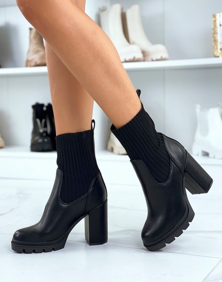 Black sock-effect ankle boots with heel
