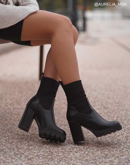 Black sock-effect ankle boots with heel