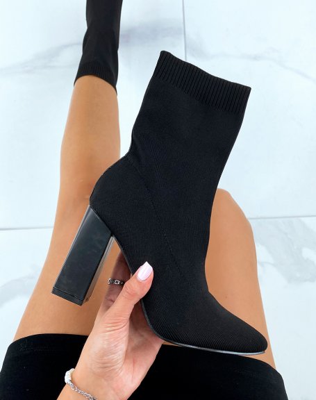 Black sock-effect ankle boots with high heel and pointed toe