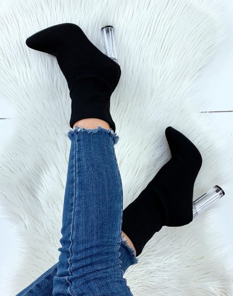 Black sock-effect fabric heeled ankle boots