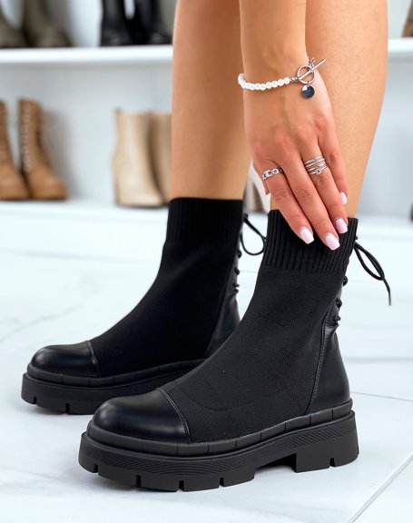 Black sock-effect lace-up ankle boots