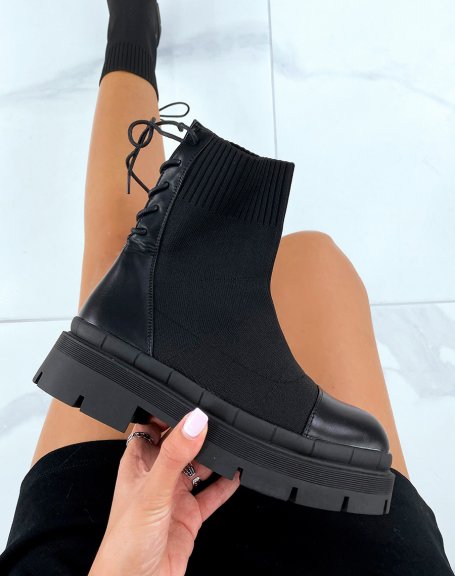 Black sock-effect lace-up ankle boots