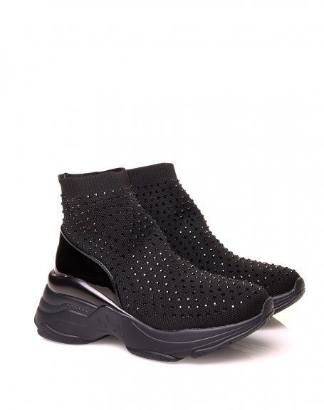 Black sock-shaped sneakers with openwork pearls