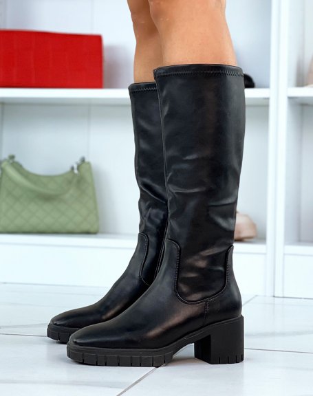 Black square-toe soft heel boots