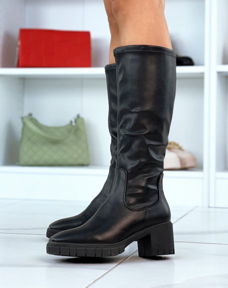Black square-toe soft heel boots