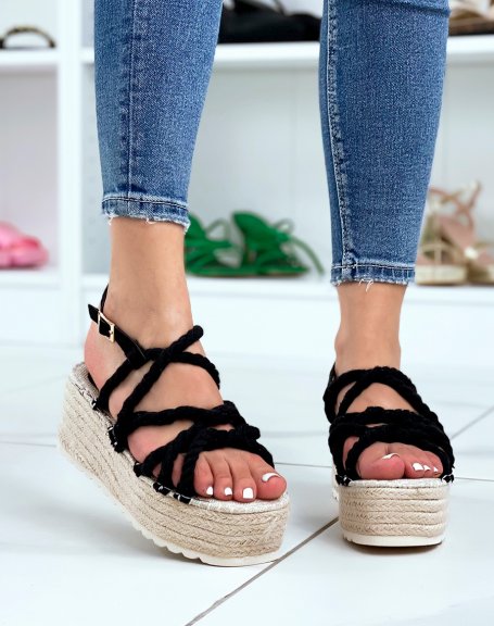 Black Strappy Rope Sandals with Chunky Burlap Sole