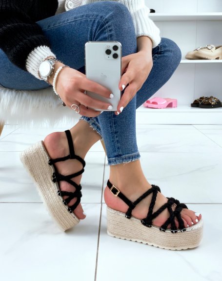 Black Strappy Rope Sandals with Chunky Burlap Sole