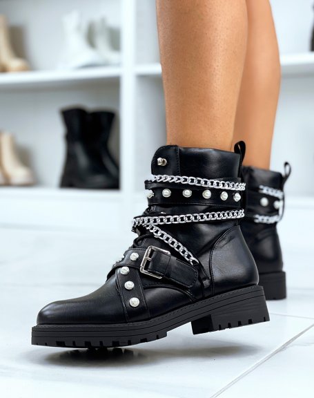 Black studded and beaded high-top ankle boots with silver chains