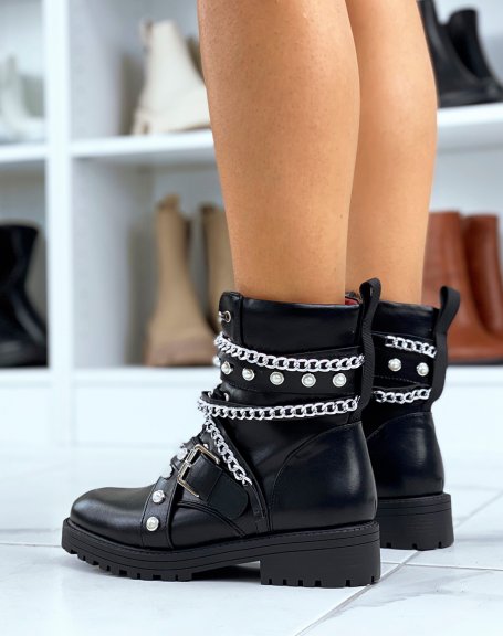 Black studded and beaded high-top ankle boots with silver chains