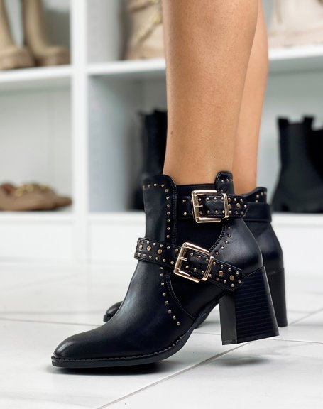 Black studded ankle boots with heel and square toe