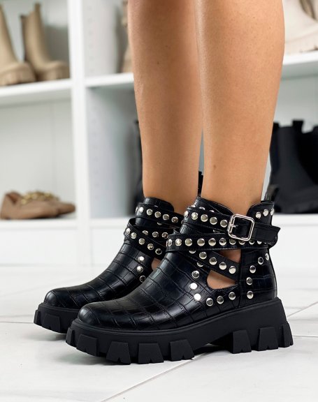 Black studded crocodile ankle boots