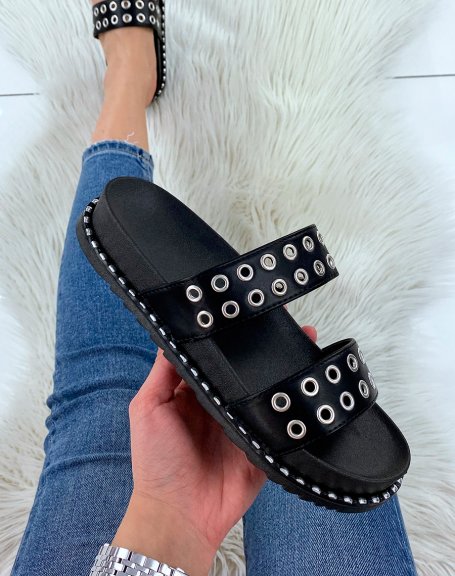Black studded double strap sandals