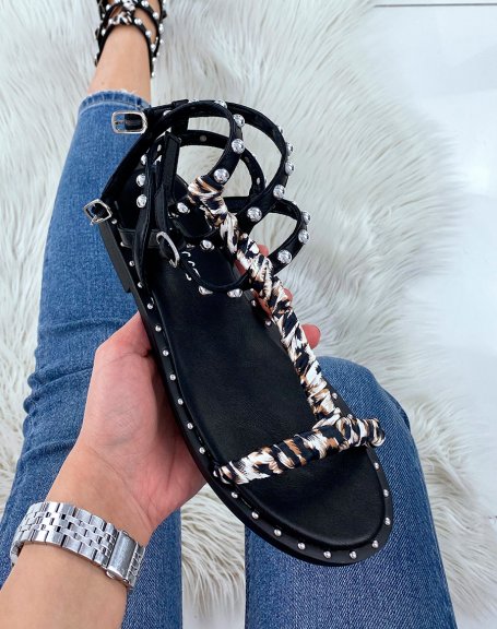 Black studded leopard fabric sandals