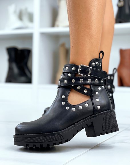Black studded mid heel ankle boots