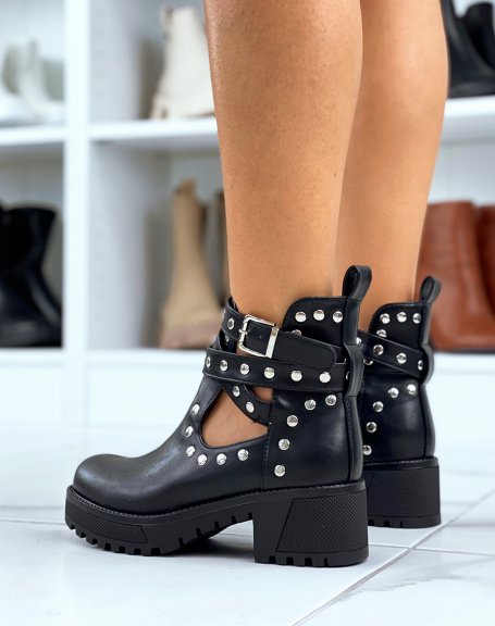 Black studded mid heel ankle boots