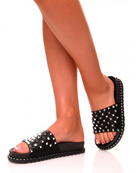 Black studded mules with lug soles