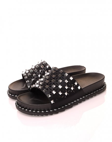 Black studded mules with lug soles
