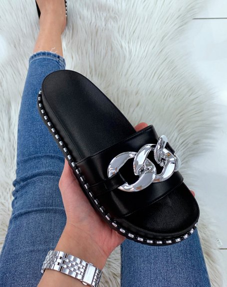 Black studded mules with silver chain