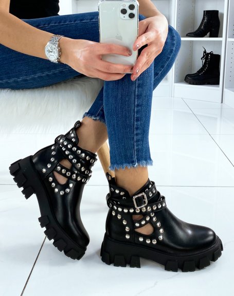 Black studded open ankle boots with lug soles