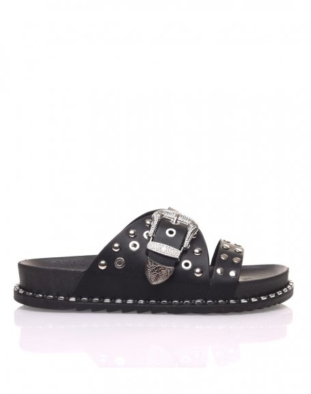 Black studded sandals with engraved buckles