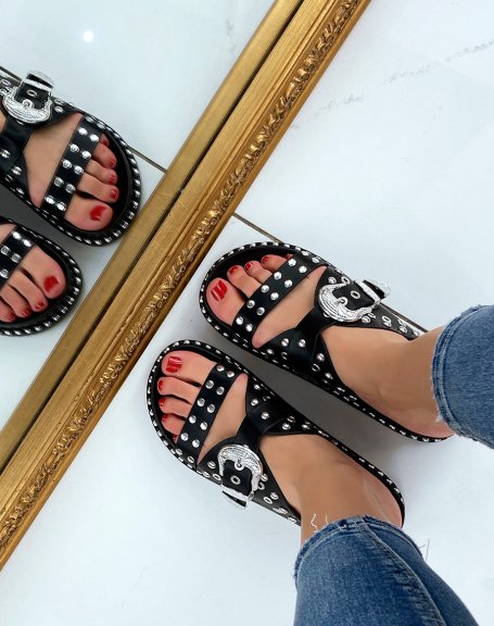 Black studded sandals with silver clasp