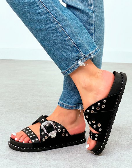 Black studded sandals with silver clasp