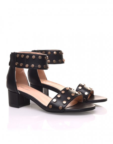 Black studded square heel sandals