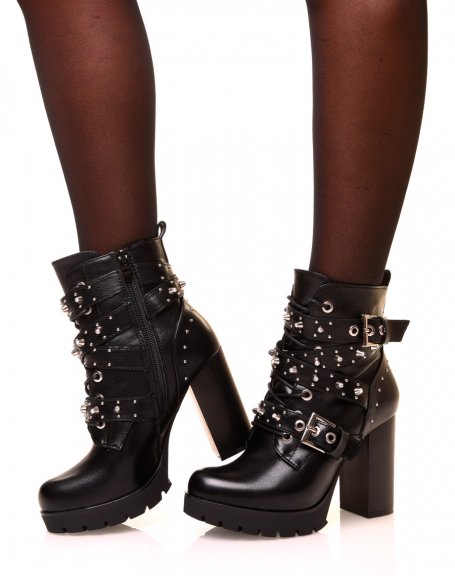 Black Studded Strappy Heeled Ankle Boots