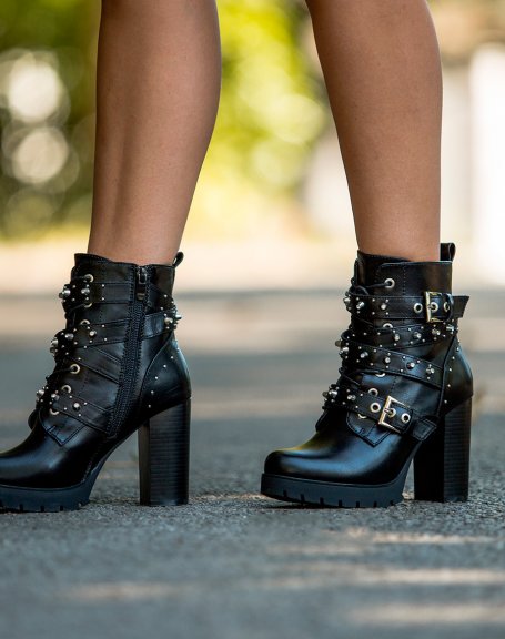Black Studded Strappy Heeled Ankle Boots