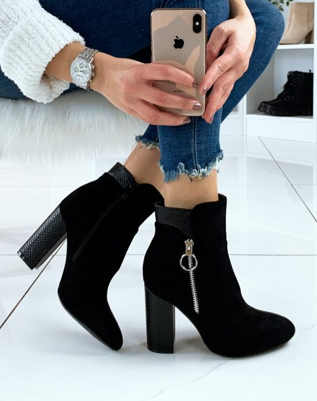 Black suede and croc-effect heeled ankle boots