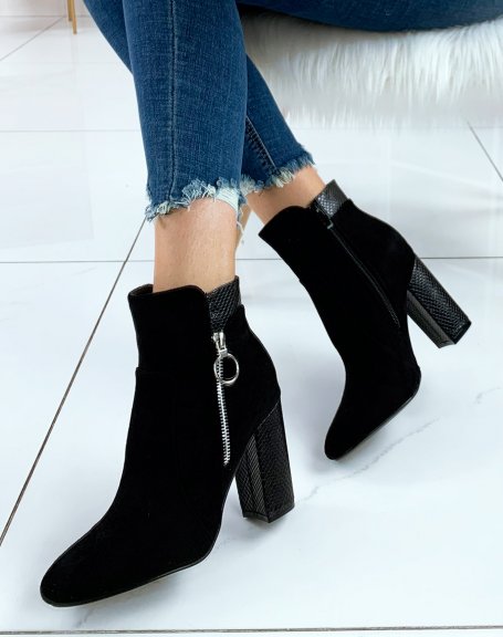 Black suede and croc-effect heeled ankle boots