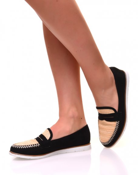 Black suede and wicker effect loafers