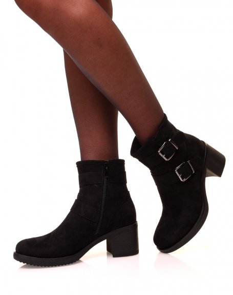 Black suede block heel ankle boots with straps