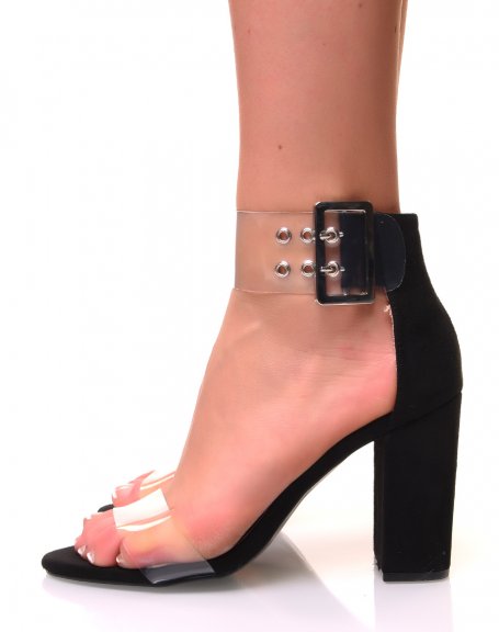 Black suede block heel sandals with transparent straps