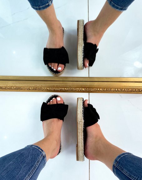 Black suede bow-shaped flat mules