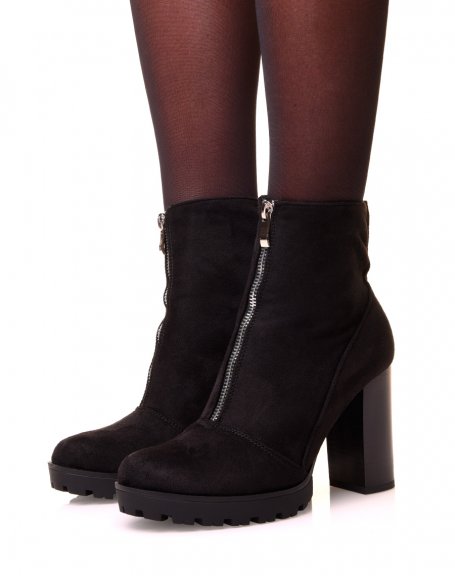 Black suede effect ankle boot with zipper at the front