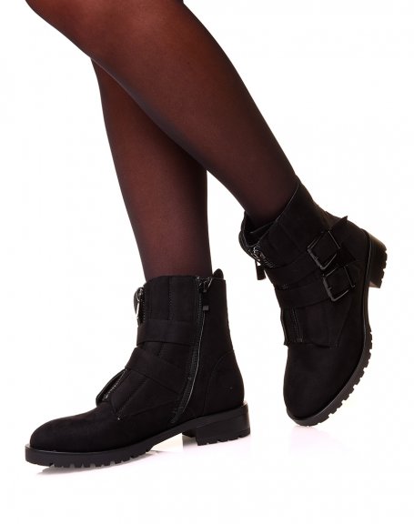 Black suede-effect ankle boots with straps