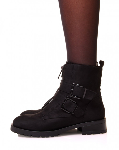 Black suede-effect ankle boots with straps