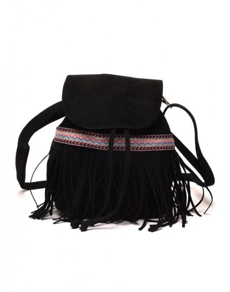 Black suede-effect backpack with edging and fringes