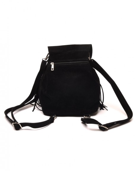 Black suede-effect backpack with edging and fringes
