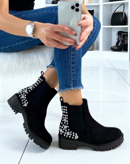 Black suede-embellished chelsea boots