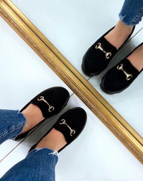 Black suede loafers with thick notched sole