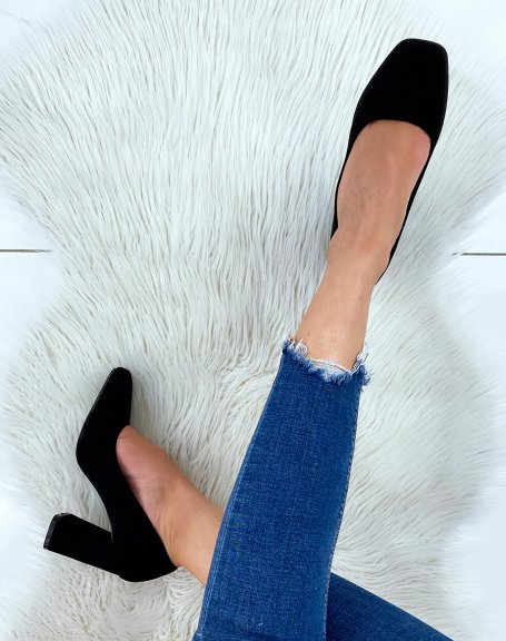 Black suede pumps with square toe