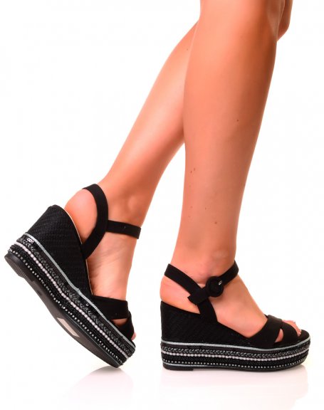 Black suede wedge sandals with fancy platform