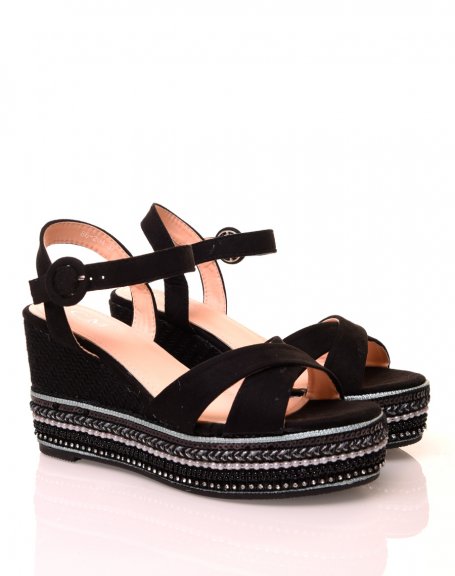 Black suede wedge sandals with fancy platform
