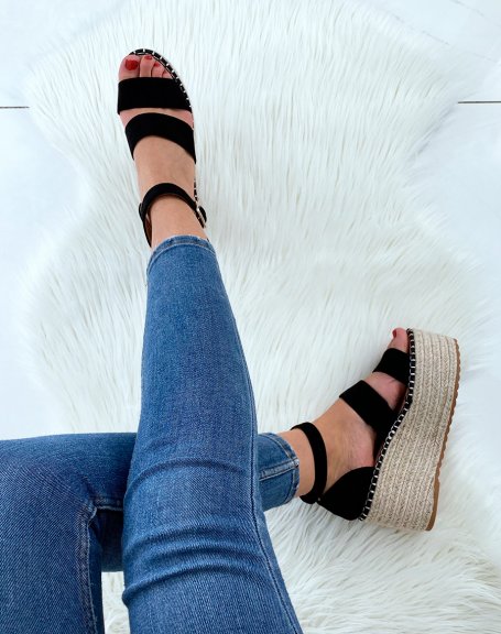 Black suede wedge sandals with multiple straps