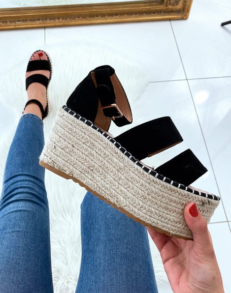 Black suede wedge sandals with multiple straps