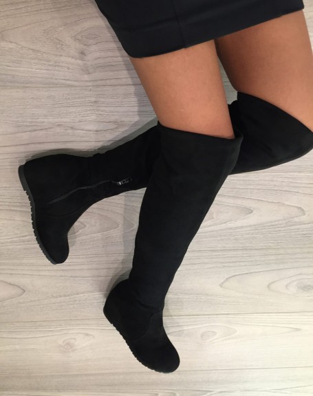 Black suede wedge thigh-high boots